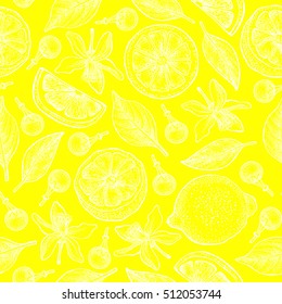 Seamless pattern with lemons, flowers and leaves on yellow background. Vector hand drawn pattern. Good for packing design, textile industry, wallpapers and backgrounds. 