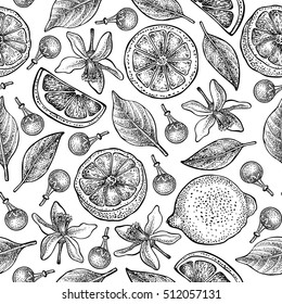 Seamless pattern with lemons, flowers and leaves on white background. Vector hand drawn pattern. Good for packing design, textile industry, wallpapers and backgrounds. 