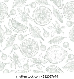 Seamless pattern with lemons, flowers and leaves on white background. Vector hand drawn pattern. Good for packing design, textile industry, wallpapers and backgrounds. 