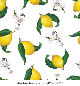 Seamless pattern with lemons and flowers for textile design. Vector