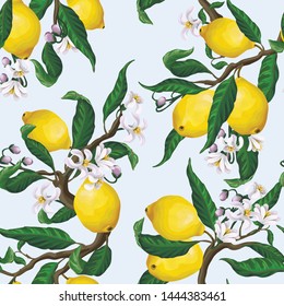 Seamless pattern with lemons and flowers for textile design. Vector.