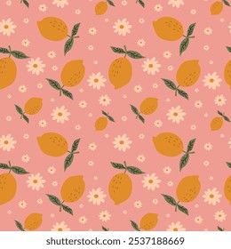 Seamless pattern with lemons and flowers. Vector illustration.