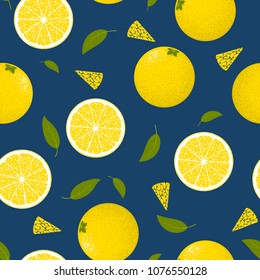 Seamless Pattern with Lemons. Fresh Citrus Fruit Background with Green Petals. Stylized Slice and Flesh of Lemons. Seamless Pattern with Vector Lemons for Tablecloth, Paper, Fabric, Textile.
