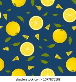 Seamless Pattern with Lemons. Fresh Citrus Fruit Background with Green Petals. Stylized Slice and Flesh of Lemons. Seamless Pattern with Vector Lemons for Tablecloth, Paper, Fabric, Textile.