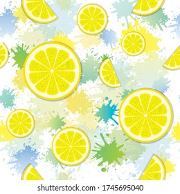 seamless pattern. lemons, fruit slices. watercolor splashes. summer print