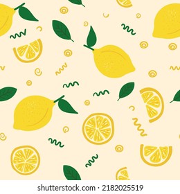 Seamless pattern of lemons. Fruit pattern for textiles, fabrics, and wall-coverings. Tropical fruits. vegetarian food. Seamless pattern of lemon slices and leaves for fabrics, wallpaper, interior.