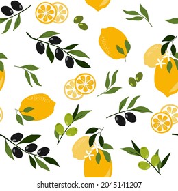 Patrón sin foco de limones y aceitunas verdes y negras con ramas y hojas. Abstracto de ornamento de frutas y verduras para textiles, tejidos, cocinas. Gráficos vectoriales.