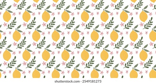 Seamless pattern of lemons with green leaves and pink flowers, perfect for summer-themed projects.