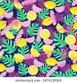 Seamless Pattern with lemons and green palm leaves. Template for print, textile, wallpaper cover and box design.