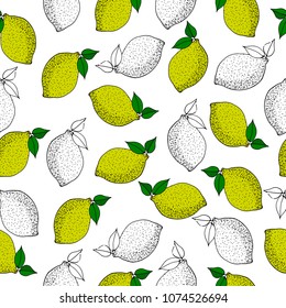 Seamless pattern with lemons. Ink illustration. Isolated on white background. Hand drawn black elements.
