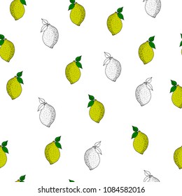Seamless pattern with lemons. Ink illustration. Isolated on white background. Hand drawn black elements.