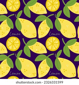 Seamless pattern with lemons and inscription on a dark background. Hand drawn illustration