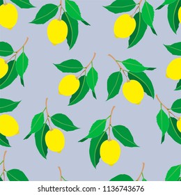 Seamless pattern with lemons  isolated on gray background. Yellow fresh Fruits with green leaves. Summer design. Colorful wallpaper. Vector illustration.
