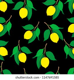 Seamless pattern with lemons  isolated on black background. Yellow fresh Fruits with green leaves. Summer design. Colorful wallpaper. Vector illustration.