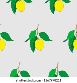 Seamless pattern with lemons  isolated on light gray background. Yellow fresh Fruits with green leaves. Summer design. Colorful wallpaper. Vector illustration.