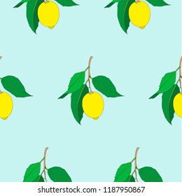 Seamless pattern with lemons  isolated on blue background. Yellow fresh Fruits with green leaves. Summer design. Colorful wallpaper. Vector illustration.