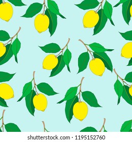 Seamless pattern with lemons  isolated on blue background. Yellow fresh Fruits with green leaves. Summer design. Colorful wallpaper. Vector illustration.