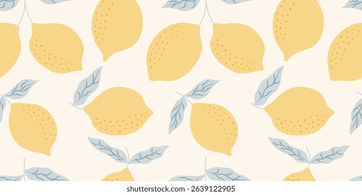 Seamless pattern with lemons. Italian summer vacation. Flat print, background with citrus fruits. Vector trendy design for fabric, wrapping paper