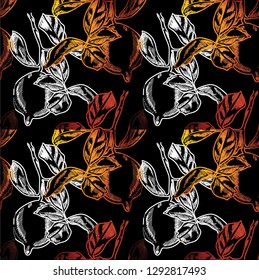 
Seamless pattern with lemons. Juicy ripe lemons on the branches with leaves. Tropical pattern. Drawing by hand, drawing pen.
