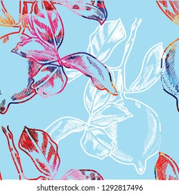 
Seamless pattern with lemons. Juicy ripe lemons on the branches with leaves. Tropical pattern. Drawing by hand, drawing pen.