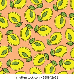   Seamless pattern with lemons and leaf.  Peachy background with yellow lemons and green leafs. Black  outline.