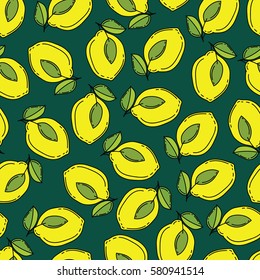 Seamless pattern with lemons and leaf.  Lemons pattern. Vector illustration.   Dark green background with yellow lemons and green leafs. Black  outline.