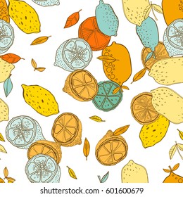 Seamless pattern with lemons with leaves, background of fruits. Vector illustration