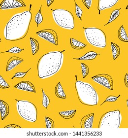 Seamless pattern with lemons and leaves. Citrus repeated background. Print for fabric or wallpaper. Vector illustration