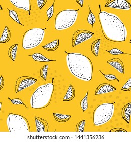 Seamless pattern with lemons and leaves. Citrus repeated background. Print for fabric or wallpaper. Vector illustration