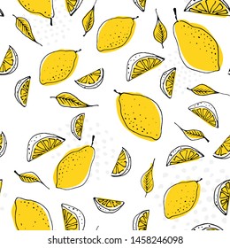 Seamless pattern with lemons and leaves. Citrus repeated background. Print for fabric or wallpaper. Vector illustration