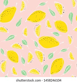 Seamless pattern with lemons and leaves. Citrus repeated background. Print for fabric or wallpaper. Vector illustration