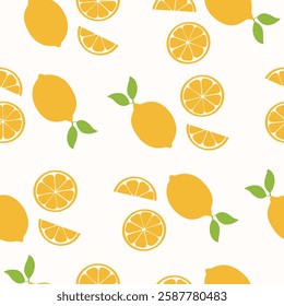 Seamless pattern of lemons and leaves. Citrus fruit pattern. Vector illustration cartoon flat style.