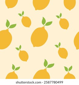 Seamless pattern of lemons and leaves. Citrus fruit pattern. Vector illustration cartoon flat style.