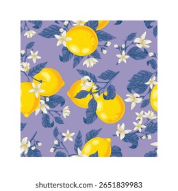 Seamless pattern with lemons, leaves and flowers growing on a branch on purple background is suitable for packaging design, fabric printing, wallpaper and other surfaces