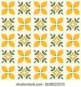 Seamless pattern with lemons and leaves in a Mediterranean tile style. Bright summer colors, flat design, perfect for kitchen decor, fabric, wrapping paper, or digital backgrounds.