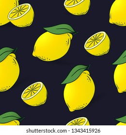 seamless pattern of lemons with leaves on dark blue background