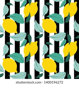 Seamless pattern with lemons and leaves on vertical black and white stripes. Yellow Lemon. Print, banner, poster, wrapping paper, modern textile design. Vector illustration.