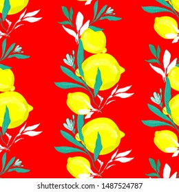 Seamless pattern Lemons with leaves on a red background . Trend design print for summer spring textile. Vector, illustration. Sketchy fruity.