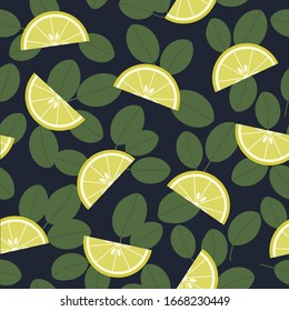 Patrón transparente con limones y hojas en la oscuridad. Trozo de jugoso limón amarillo. Ilustración vectorial de textura de cítricos. Comida vegetariana orgánica tropical para el menú, textil de cocina, papel de envase, tela.