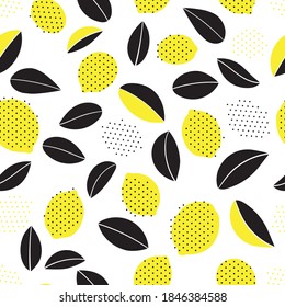 Seamless pattern with lemons and leaves on a white background.Decorative illustration, good for printing.