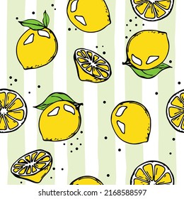 Seamless pattern with lemons, leaves on a striped background. Vintage flat design for postcard, greeting card, fashion fabric, invitation, banner, poster.