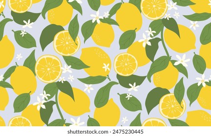 Seamless pattern of lemons and leaves on blue background. Cute hand drawn groovy citrus fruit design for fabric prints.