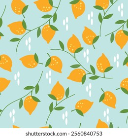 Seamless pattern of lemons and leaves on blue background. Cute hand drawn groovy citrus fruit design for fabric prints.