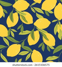 Seamless pattern of lemons and leaves on blue background. Cute citrus design for prints. Lemons seamless pattern. Vector flat illustration of lemon.