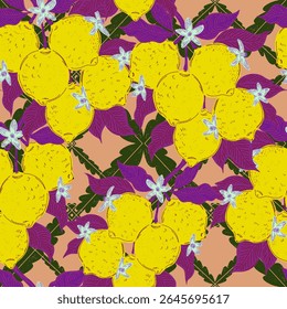 Seamless pattern with lemons and leaves on a branch in a hand-drawn line art style. Inspired by Mediterranean summer vibes, retro elegance and modern graphic aesthetics. 