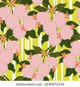 Seamless pattern with lemons and leaves on a branch in a hand-drawn line art style. Inspired by Mediterranean summer vibes, retro elegance and modern graphic aesthetics. 