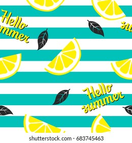 Seamless pattern with lemons and leaves on green stripes background. Vector illustration. Summer background.