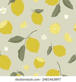 Seamless pattern of lemons and leaves, petals. Hand drawn vector elegant citrus fruit design.