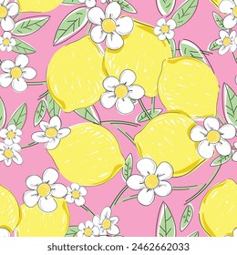 Seamless pattern Lemons with leaves pink background. Trend design print for summer spring textile. Vector, illustration. Sketchy fruity.