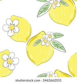 Patrón sin costuras Limones con hojas. Impresión de diseño de moda para textil de primavera de verano. Vector, ilustración. Fragante afrutado.